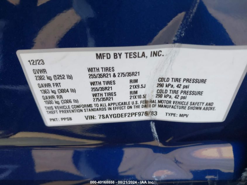 2023 Tesla Model Y VIN: 7SAYGDEF2PF976783 Lot: 40168858