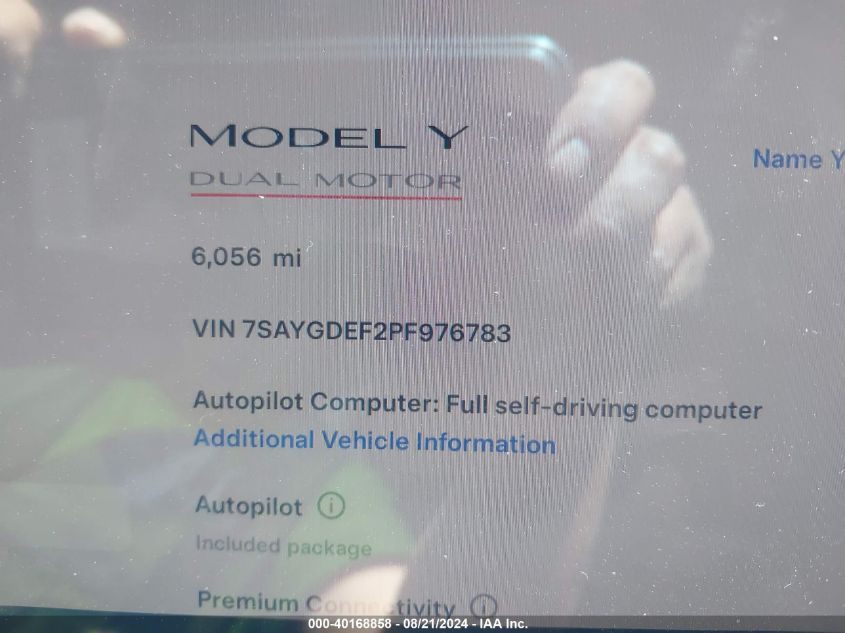 2023 Tesla Model Y VIN: 7SAYGDEF2PF976783 Lot: 40168858