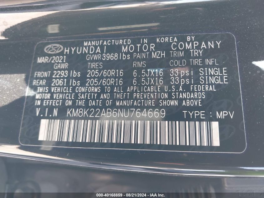 2022 Hyundai Kona Sel/Se VIN: KM8K22AB6NU764669 Lot: 40168859