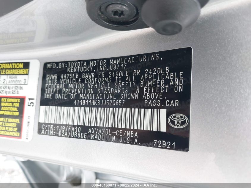 4T1B11HK8JU520857 2018 Toyota Camry Le