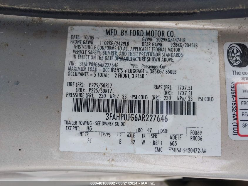 3FAHP0JG6AR227646 2010 Ford Fusion