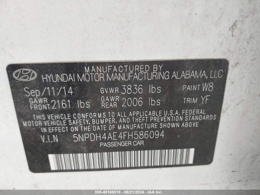 2015 Hyundai Elantra Se/Sport/Limited VIN: 5NPDH4AE4FH586094 Lot: 40169018