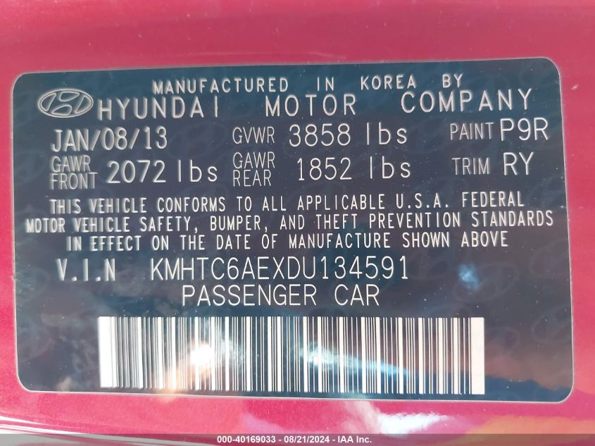 2013 Hyundai Veloster Turbo W/Black VIN: KMHTC6AEXDU134591 Lot: 40169033