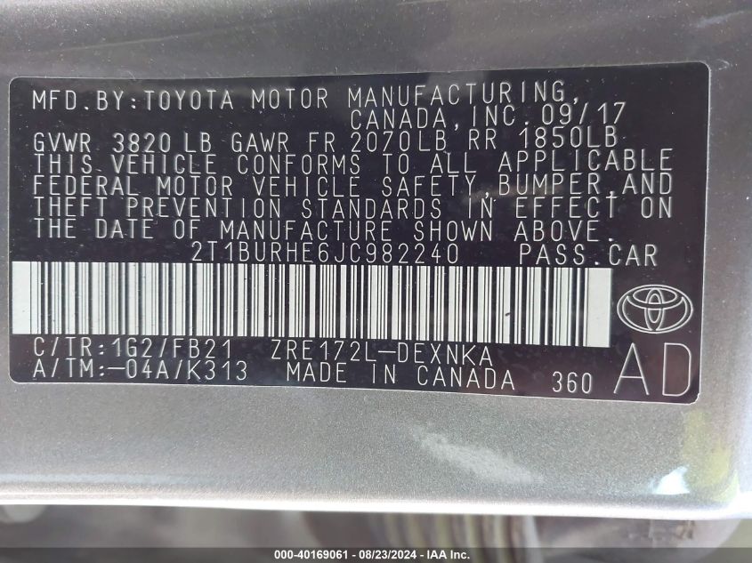 2018 TOYOTA COROLLA LE - 2T1BURHE6JC982240