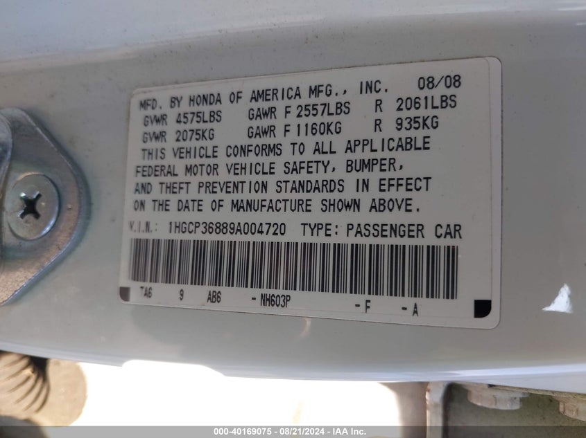 2009 Honda Accord Exl VIN: 1HGCP36889A004720 Lot: 40169075