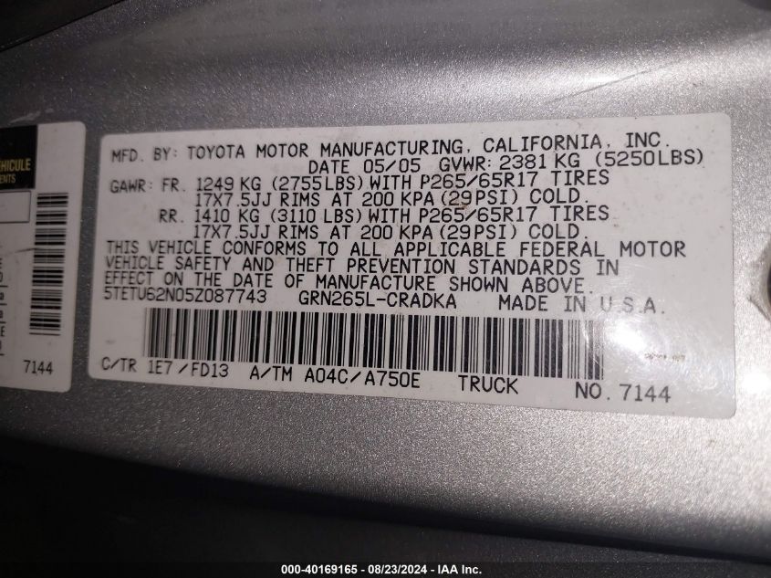 2005 Toyota Tacoma Prerunner V6 VIN: 5TETU62N05Z087743 Lot: 40169165