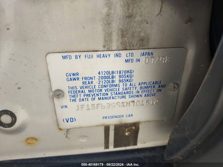 1999 Subaru Forester L VIN: JF1SF6359XH701512 Lot: 40169179