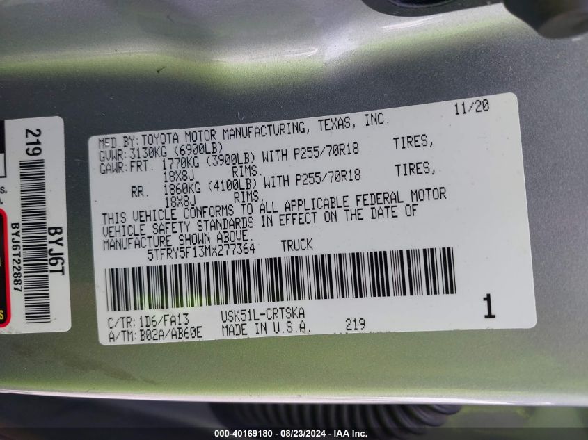 2021 Toyota Tundra Sr VIN: 5TFRY5F13MX277364 Lot: 40169180