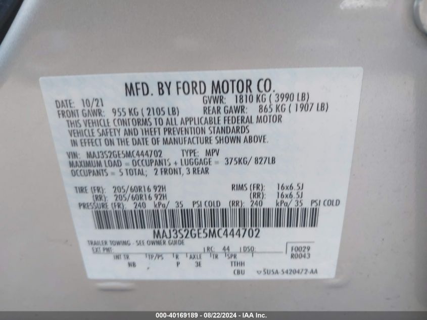 2021 Ford Ecosport Se VIN: MAJ3S2GE5MC444702 Lot: 40169189