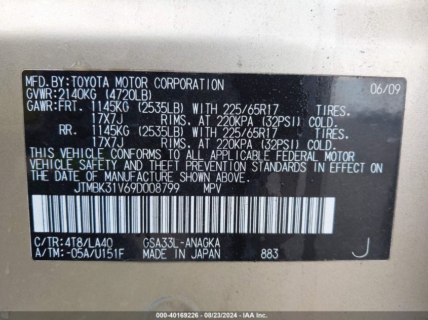 2009 Toyota Rav4 Limited V6 VIN: JTMBK31V69D008799 Lot: 40169226