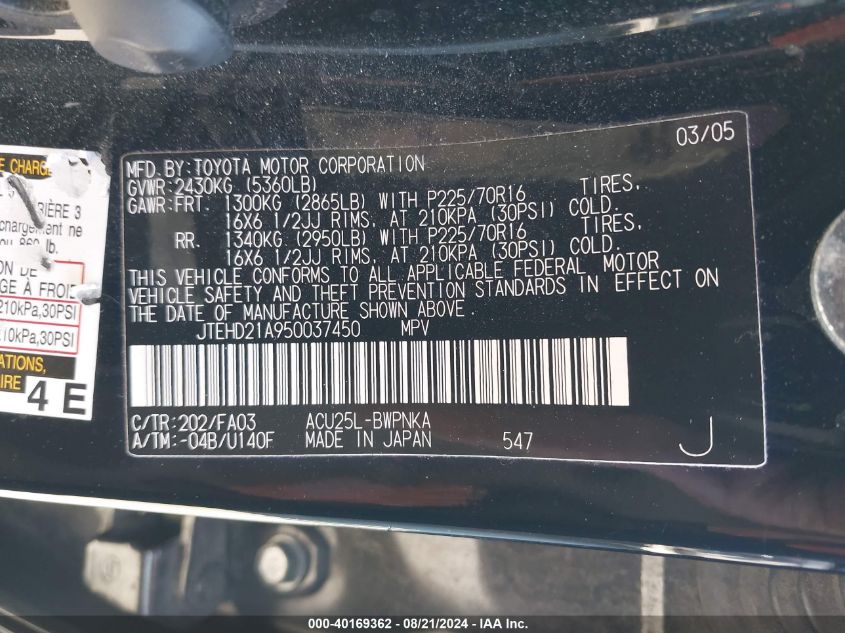 2005 Toyota Highlander VIN: JTEHD21A950037450 Lot: 40169362