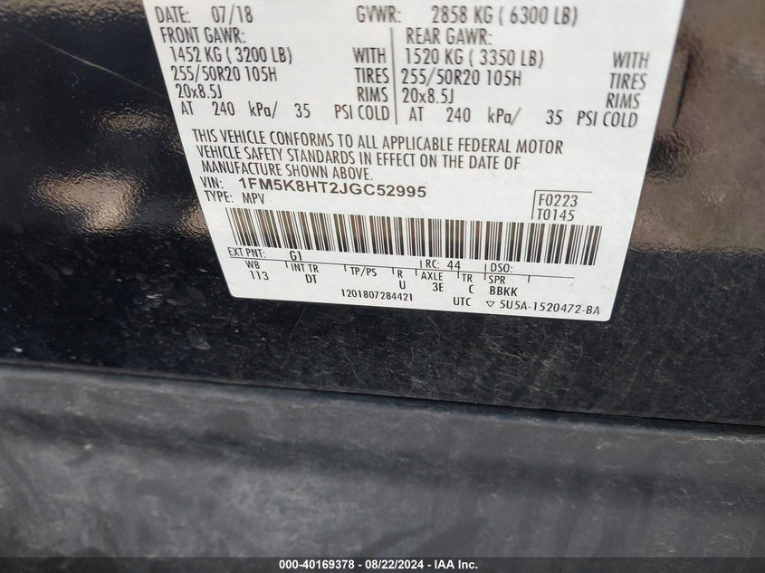 VIN 1FM5K8HT2JGC52995 2018 FORD EXPLORER PLATINUM