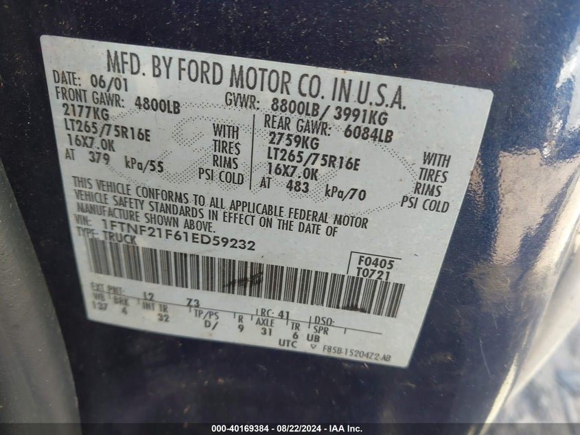 2001 Ford F-250 Xl/Xlt VIN: 1FTNF21F61ED59232 Lot: 40169384