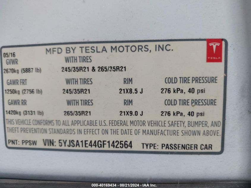 5YJSA1E44GF142564 2016 Tesla Model S 90D/P100D/P85D/P90D