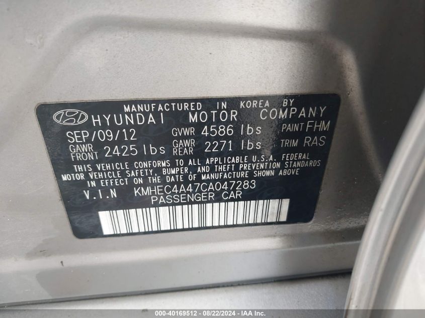 2012 Hyundai Sonata Hybrid VIN: KMHEC4A47CA047283 Lot: 40169512