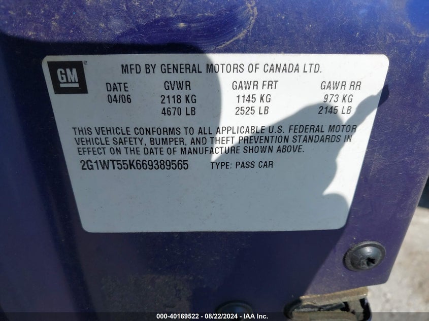 2G1WT55K669389565 2006 Chevrolet Impala Lt