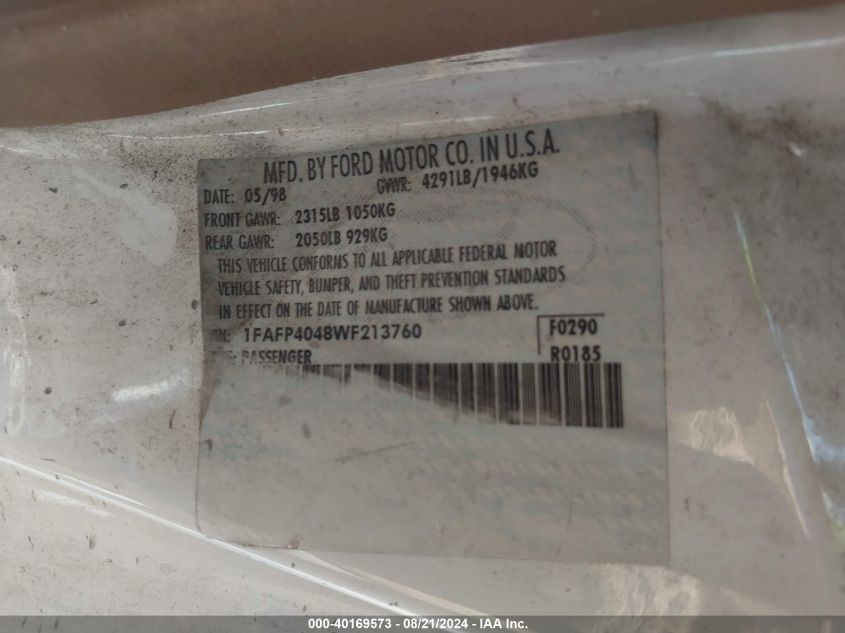 1998 Ford Mustang VIN: 1FAFP4048WF213760 Lot: 40169573