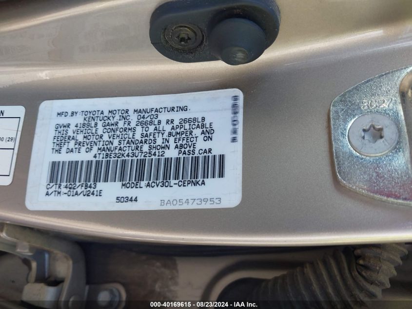 2003 Toyota Camry Le VIN: 4T1BE32K43U725412 Lot: 40169615