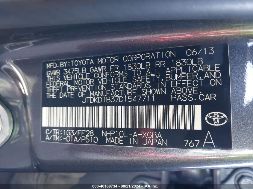 2013 Toyota Prius C VIN: JTDKDTB37D1547711 Lot: 40169734