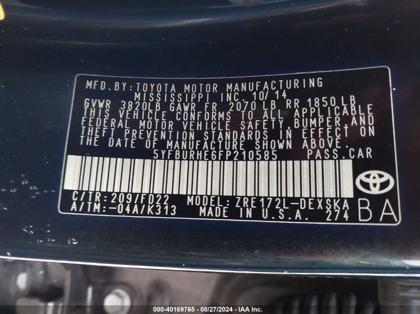 2015 TOYOTA COROLLA S PLUS - 5YFBURHE6FP210585