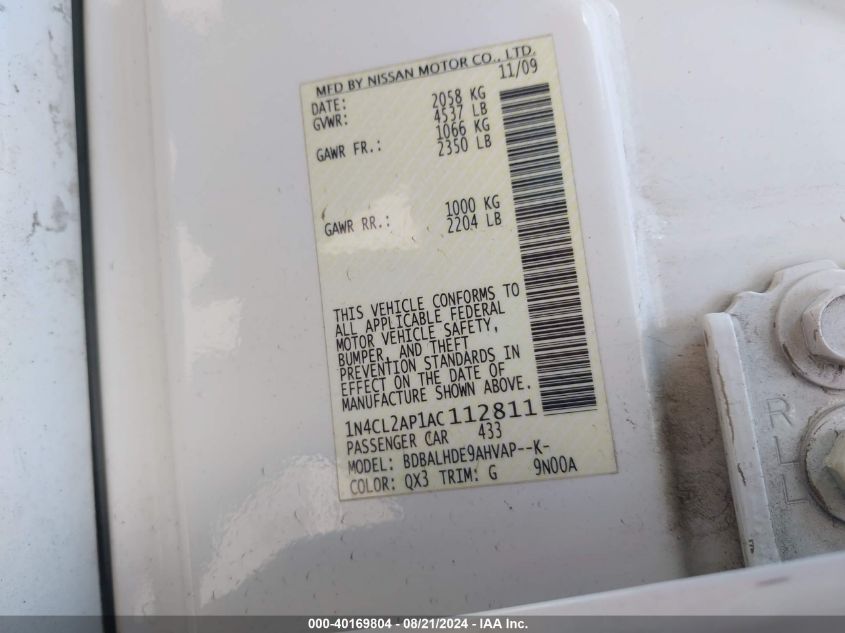 2010 Nissan Altima Hybrid Hybrid VIN: 1N4CL2AP1AC112811 Lot: 40169804