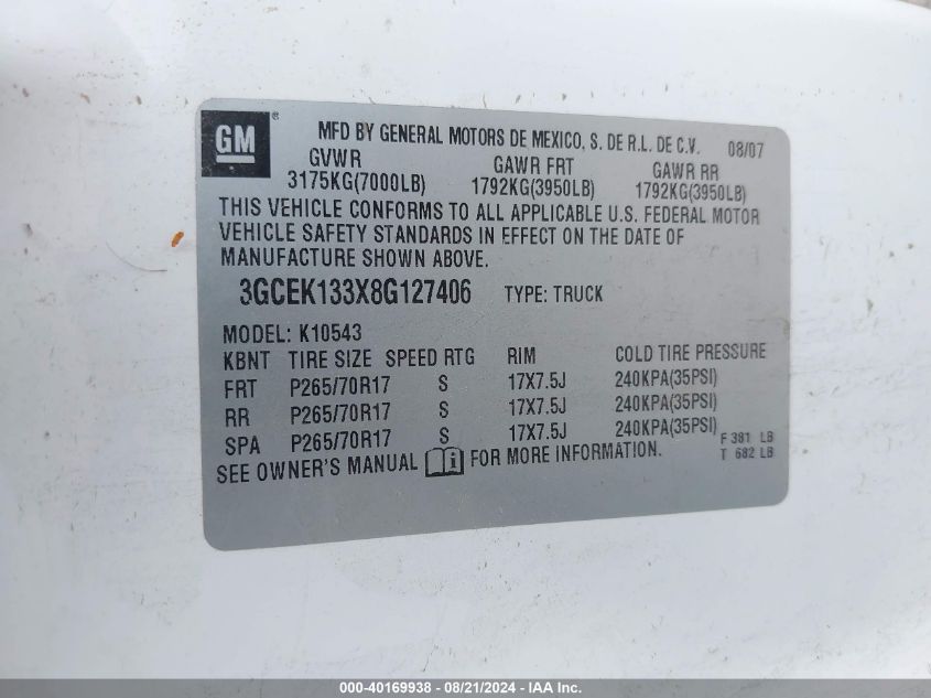 2008 Chevrolet Silverado 1500 Lt1 VIN: 3GCEK133X8G127406 Lot: 40169938