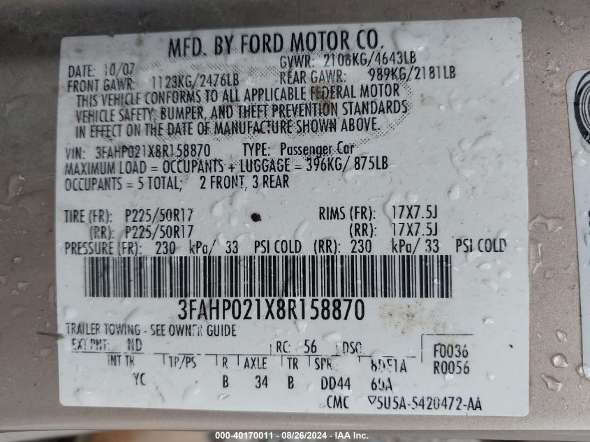2008 FORD FUSION VIN: 3FAHP021X8R158870