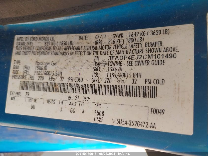 2012 Ford Fiesta Se VIN: 3FADP4EJ2CM101490 Lot: 40170018