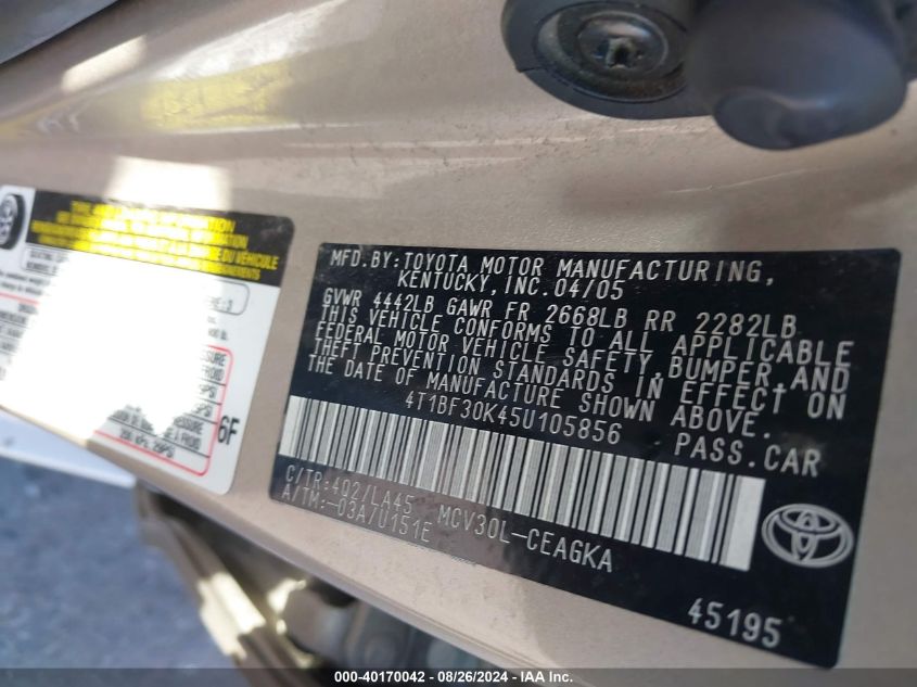 2005 Toyota Camry Xle V6 VIN: 4T1BF30K45U105856 Lot: 40170042