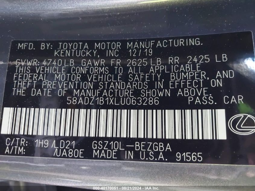 2020 Lexus Es 350 VIN: 58ADZ1B1XLU063286 Lot: 40170051