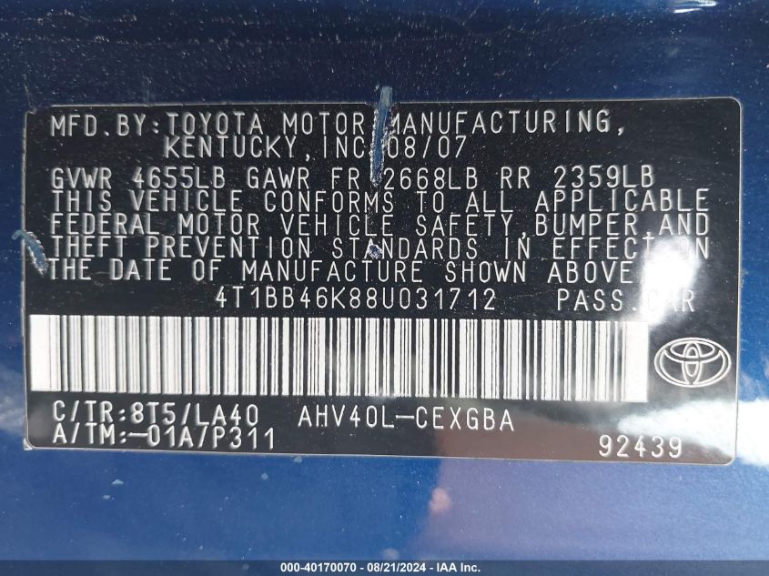 4T1BB46K88U031712 2008 Toyota Camry Hybrid