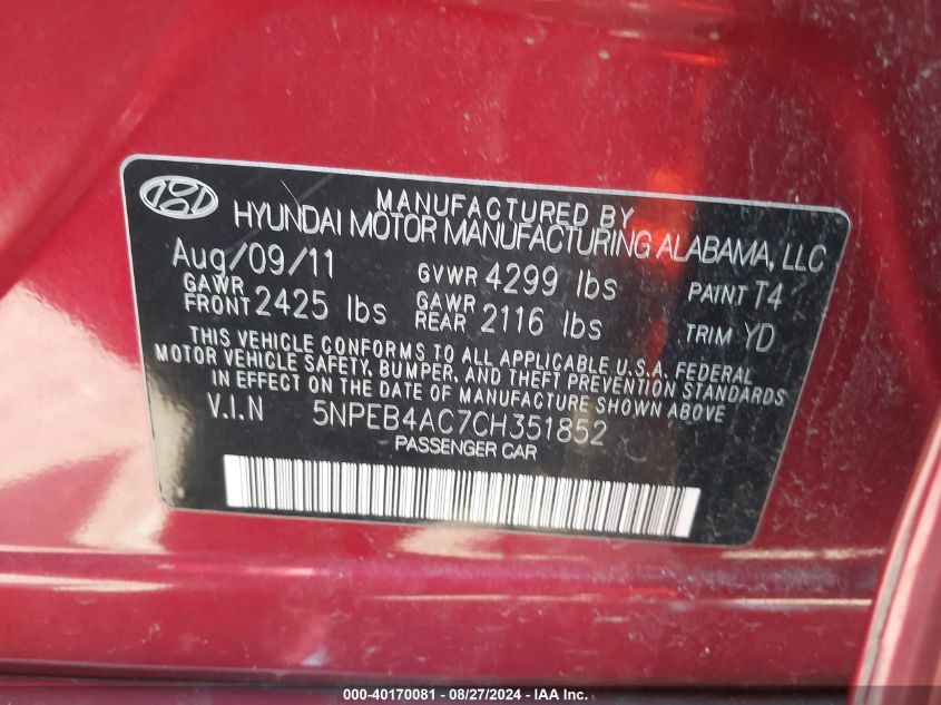 2012 Hyundai Sonata Gls VIN: 5NPEB4AC7CH351852 Lot: 40170081