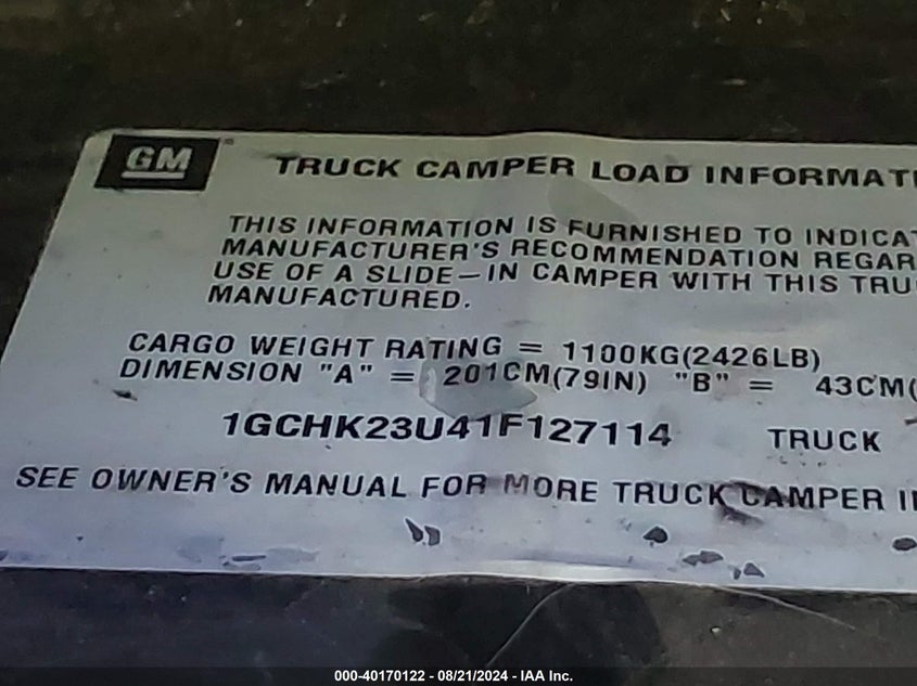 2001 Chevrolet Silverado 2500Hd Ls VIN: 1GCHK23U41F127114 Lot: 40170122