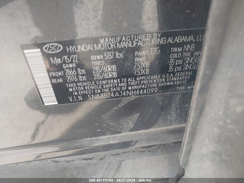 2022 Hyundai Santa Fe Sel VIN: 5NMS24AJ4NH444099 Lot: 40170169