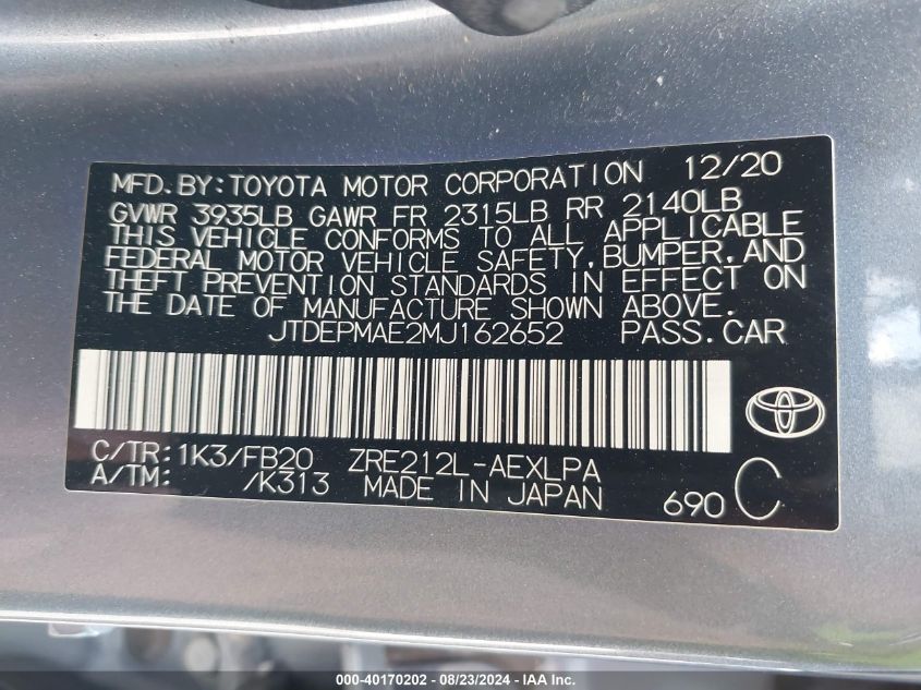 2021 Toyota Corolla Le VIN: JTDEPMAE2MJ162652 Lot: 40170202