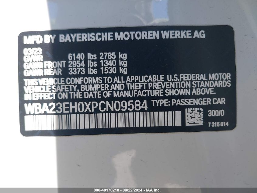 2023 BMW 740 I VIN: WBA23EH0XPCN09584 Lot: 40170210