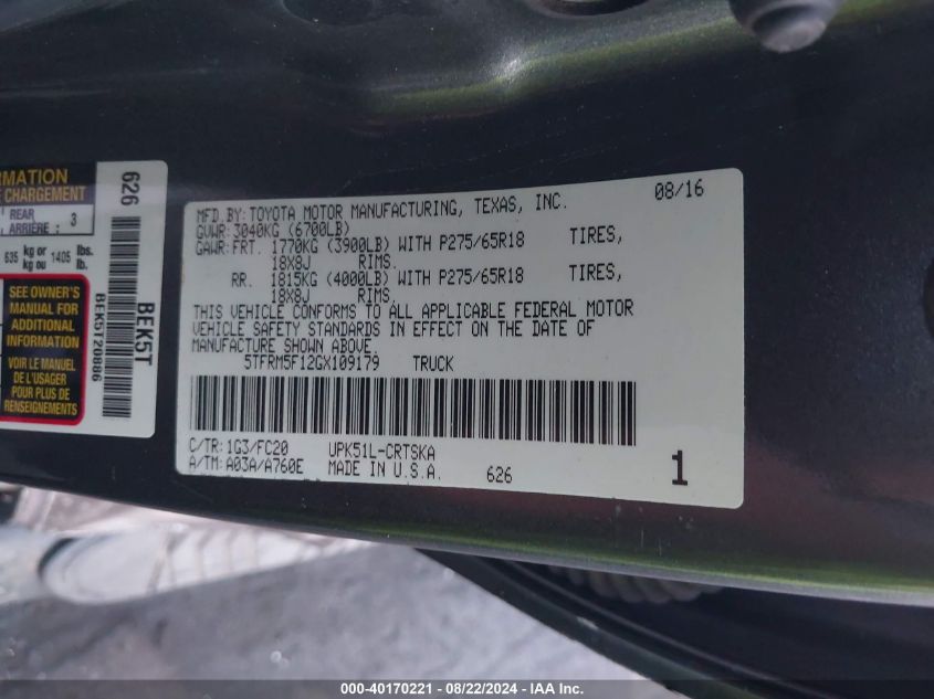 5TFRM5F12GX109179 2016 Toyota Tundra Sr5 4.6L V8