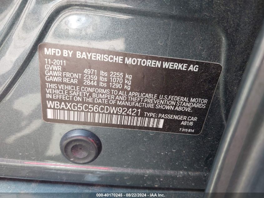 2012 BMW 528I VIN: WBAXG5C56CDW92421 Lot: 40170245