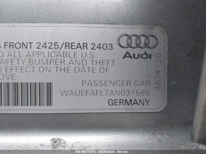 2010 Audi A4 2.0T Premium VIN: WAUEFAFL7AN031565 Lot: 40170275