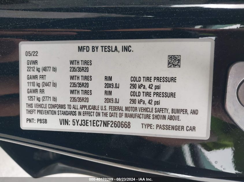 2022 Tesla Model 3 Performance Dual Motor All-Wheel Drive VIN: 5YJ3E1EC7NF260668 Lot: 40170289