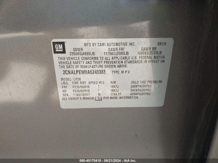 2010 Chevrolet Equinox Lt VIN: 2CNALPEW8A6243383 Lot: 40170418