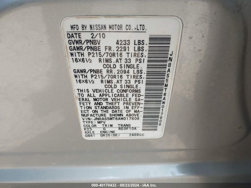 2010 Nissan Rogue S VIN: JN8AS5MT6AW017808 Lot: 40170432