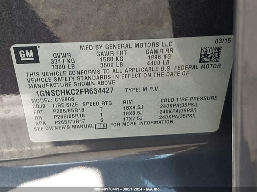 2015 Chevrolet Suburban 1500 Ls VIN: 1GNSCHKC2FR634427 Lot: 40170441