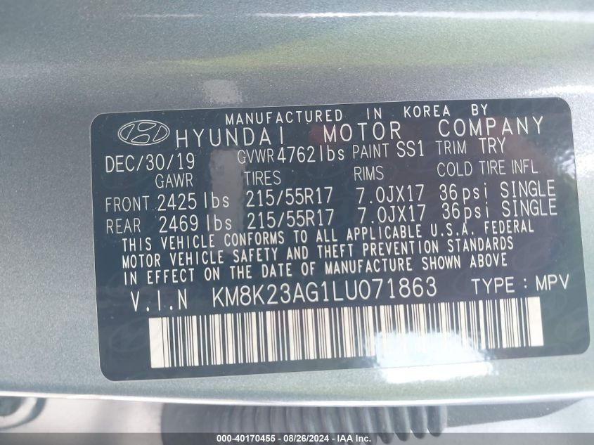 2020 Hyundai Kona Electric Sel VIN: KM8K23AG1LU071863 Lot: 40170455