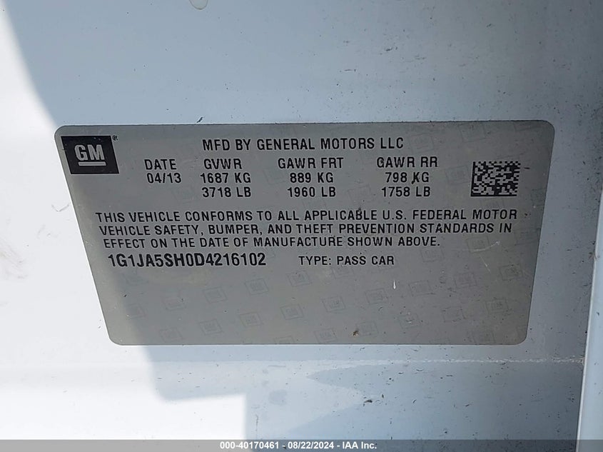 2013 Chevrolet Sonic Ls Auto VIN: 1G1JA5SH0D4216102 Lot: 40170461