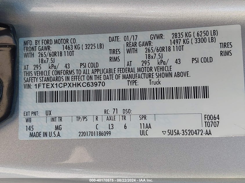 VIN 1FTEX1CPXHKC63970 2017 FORD F-150 XLT