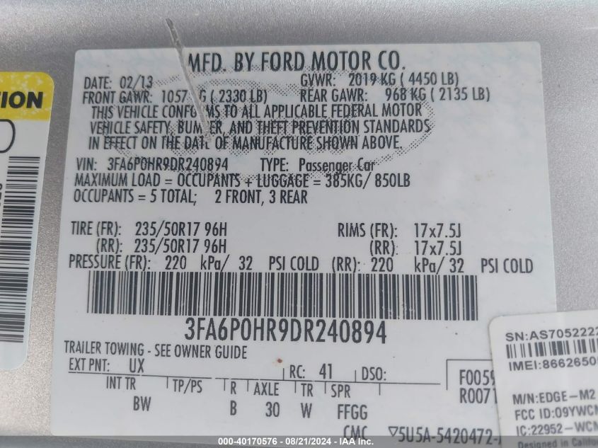 2013 Ford Fusion Se VIN: 3FA6P0HR9DR240894 Lot: 40170576