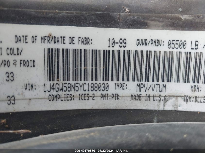 2000 Jeep Grand Cherokee Limited VIN: 1J4GW58N5YC188030 Lot: 40170586