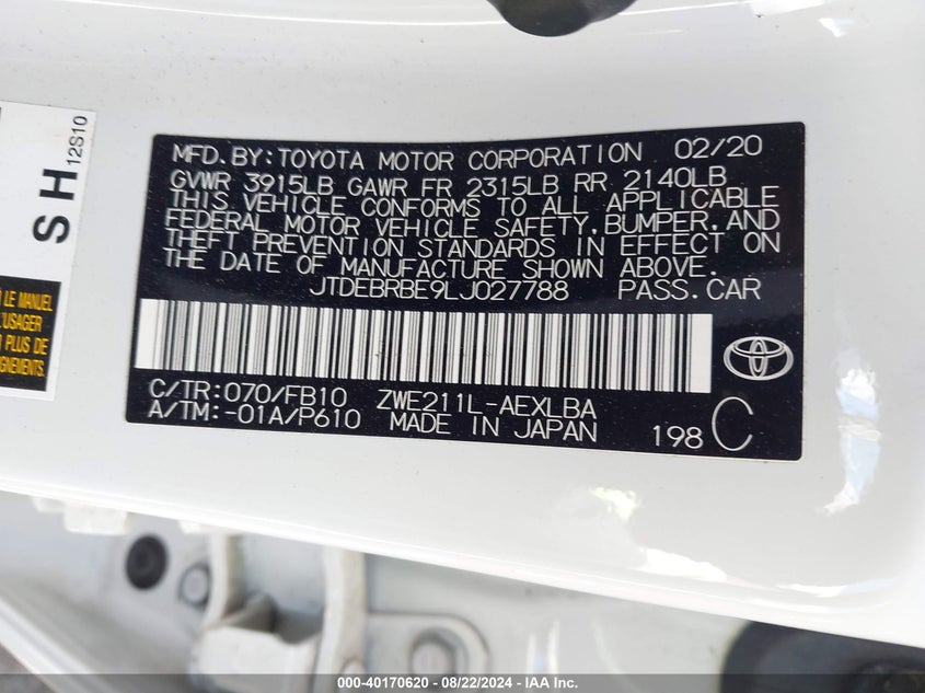 2020 TOYOTA COROLLA HYBRID LE - JTDEBRBE9LJ027788