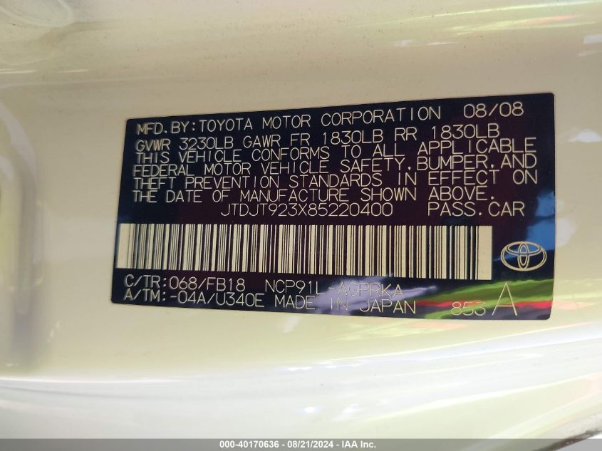 2008 Toyota Yaris VIN: JTDJT923X85220400 Lot: 40170636